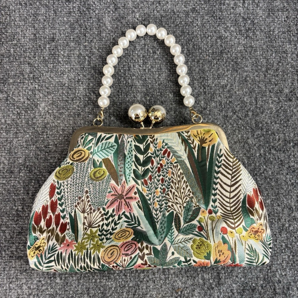 Vintage Style Floral Clutch Handbag Kiss-Lock Pearl Handle Purse Retro